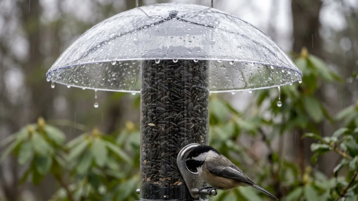 Bird feeder cover: clear rain dome above a tube feeder of black oil sunflower seed with a chickadee feeding in the rain