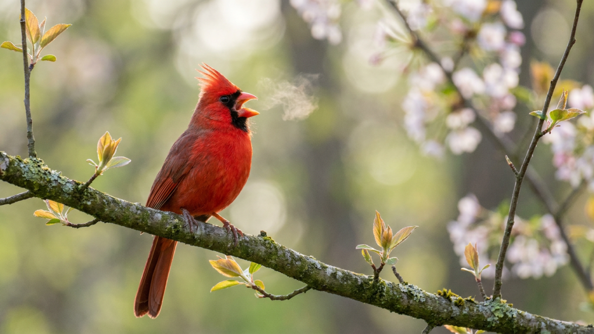 Cardinal call: male northern cardinal singing from a branch with beak open on a bright spring day