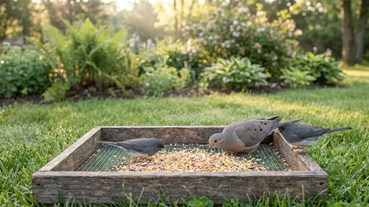 Ground bird feeder: wooden mesh-floor tray on grass with a mourning dove and two dark-eyed juncos eating millet and cracked corn
