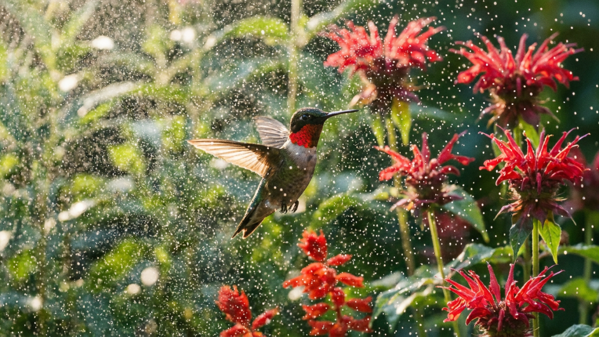Hummingbird bird bath mister: ruby-throated hummingbird hovering in a fine garden spray