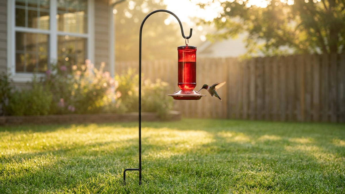 Hummingbird feeder stand made of black steel in a backyard lawn, a red nectar feeder on the hook and a ruby-throated hummingbird feeding