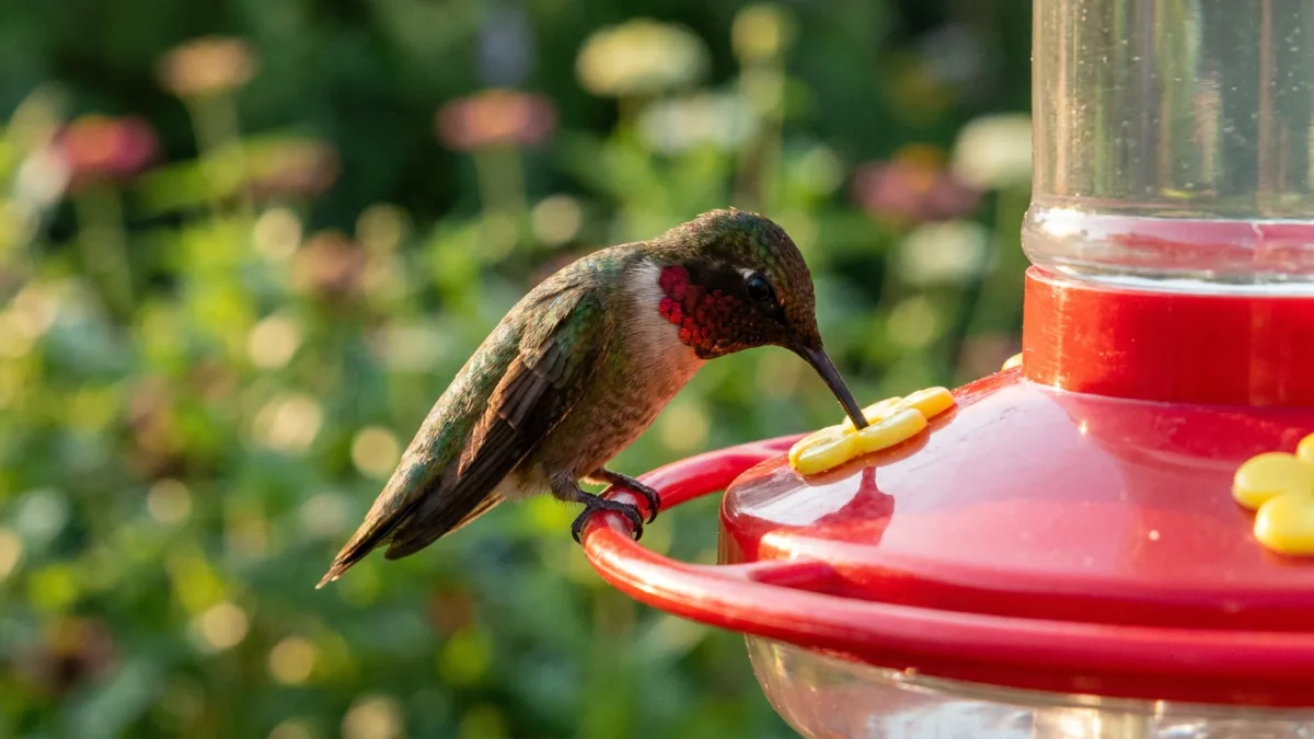 Hummingbird feeder with perch: ruby-throated hummingbird sitting on the red perch ring of a saucer feeder with its bill in a feeding port