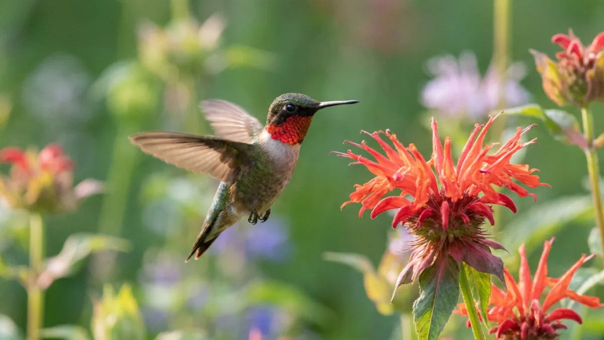 Hummingbird migration map guide: male ruby-throated hummingbird hovering at a red bee balm flower in spring