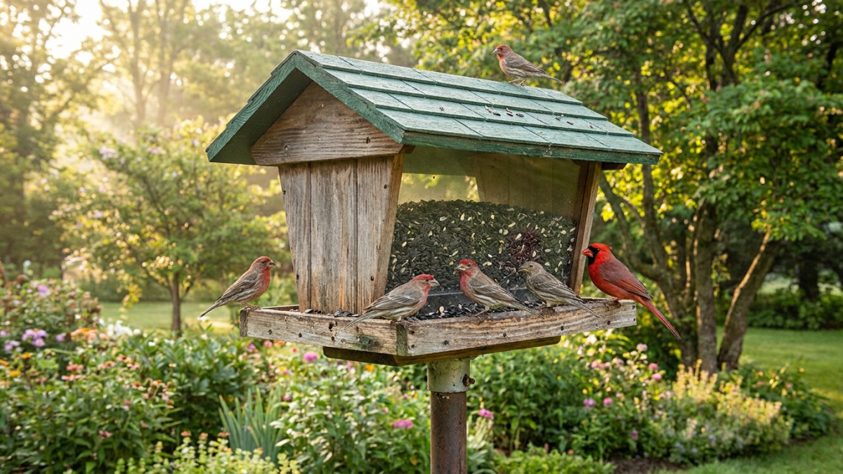 Large bird feeders: a big hopper feeder on a pole with finches and a cardinal on its seed tray