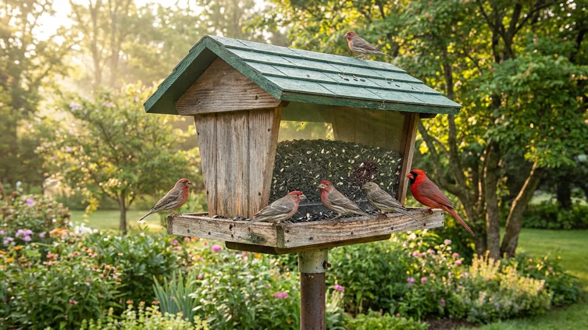 Large bird feeders: a big hopper feeder on a pole with finches and a cardinal on its seed tray