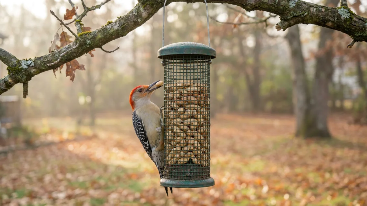 Peanut bird feeder: green mesh tube of shelled peanuts with a red-bellied woodpecker clinging to it
