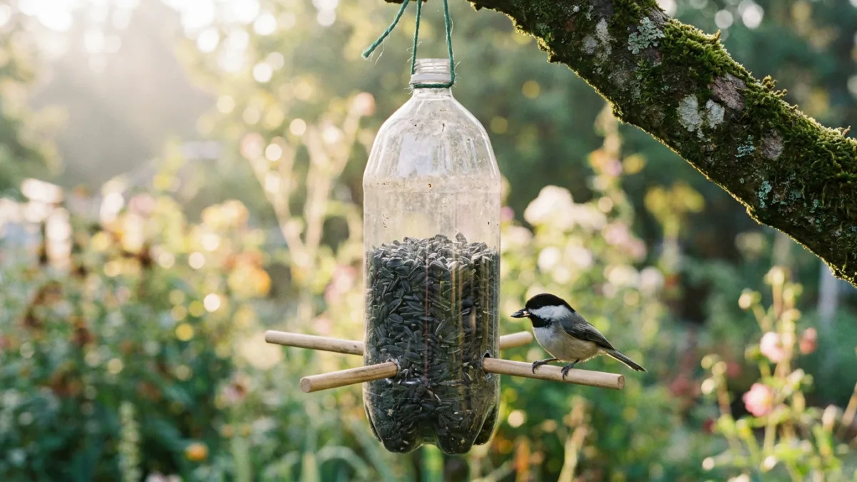 Plastic bottle bird feeder filled with black oil sunflower seed, two wooden dowel perches and a chickadee, hanging from a branch