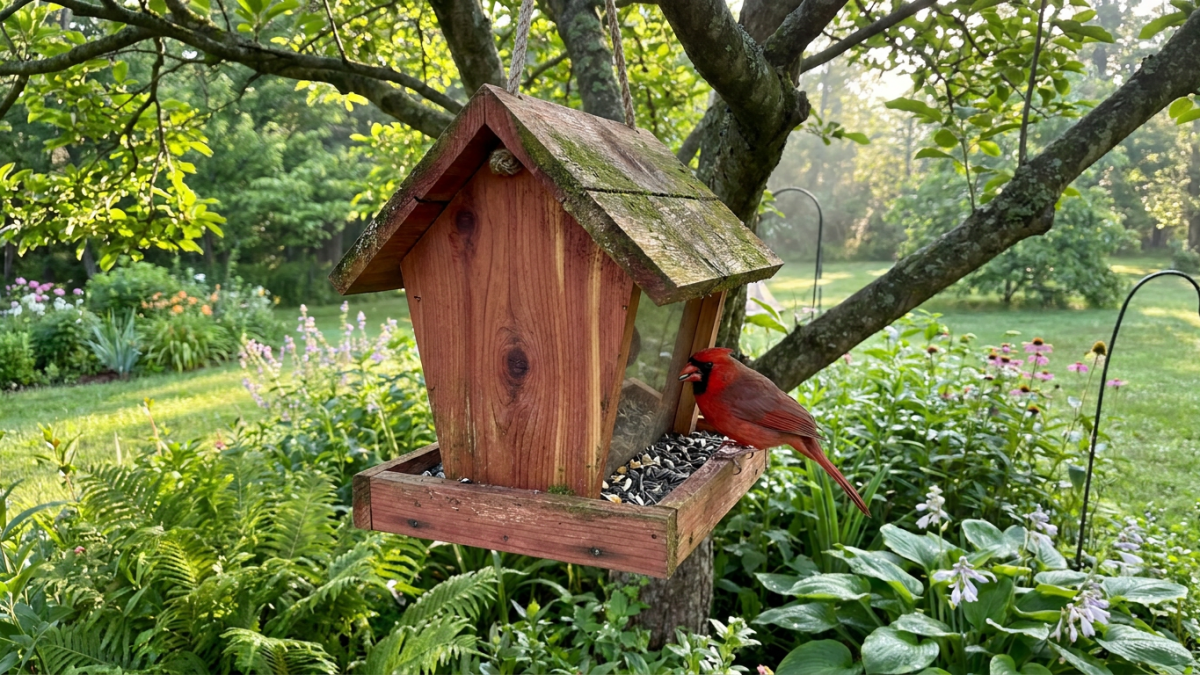 Wooden bird feeder made of red cedar with a northern cardinal on the seed tray